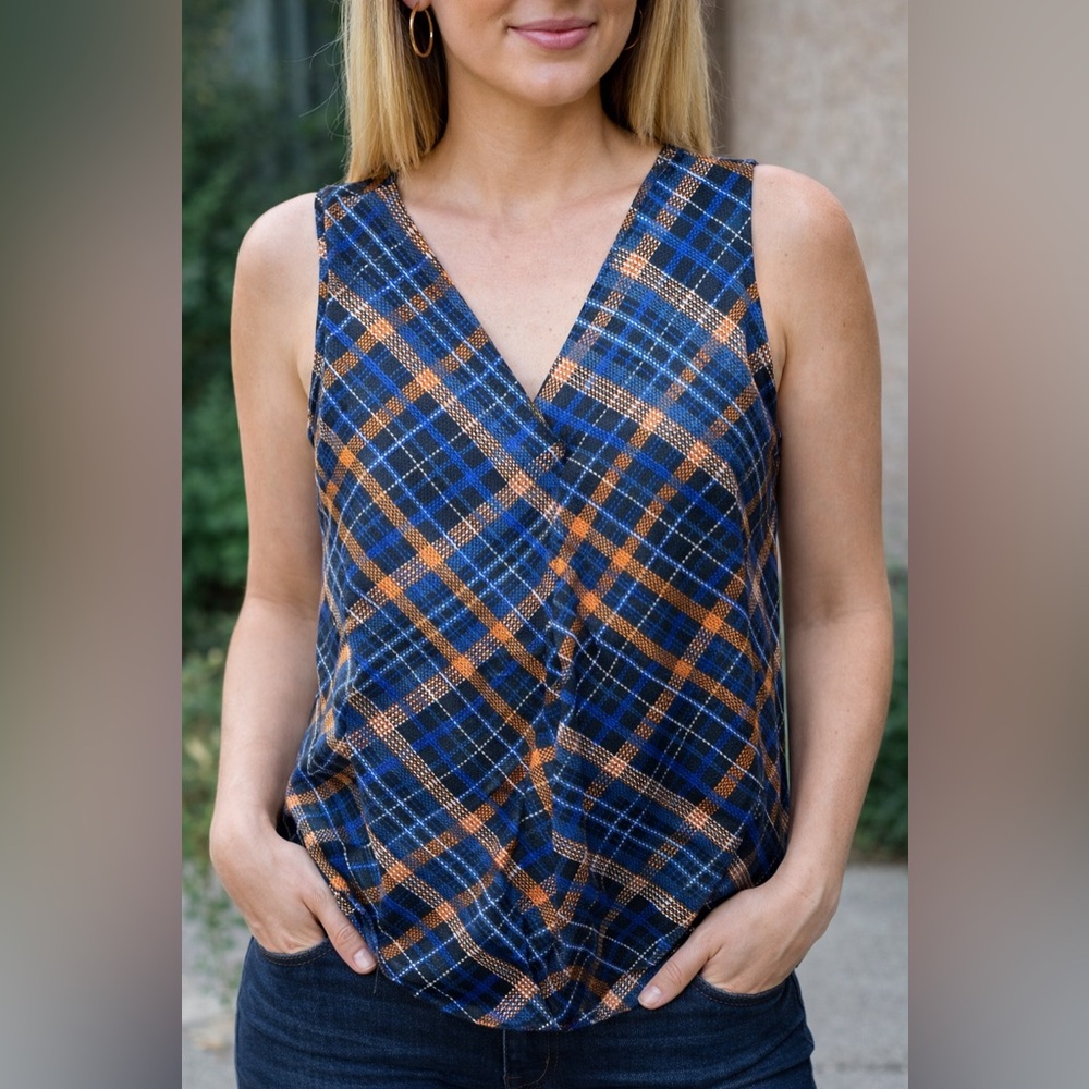 Calvin Klein Blue & Orange Plaid Sleeveless Blouse – Size Small